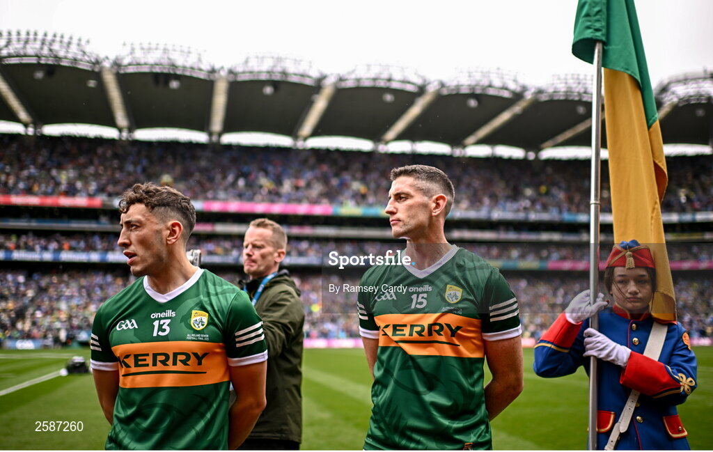 30 July 2023; Paudie Clifford, left, and Paul Geaney of Kerry before the GAA Football All-Ireland Senior Championship final match between Dublin and Kerry at Croke Park in Dublin. Photo by Ramsey Cardy/Sportsfile