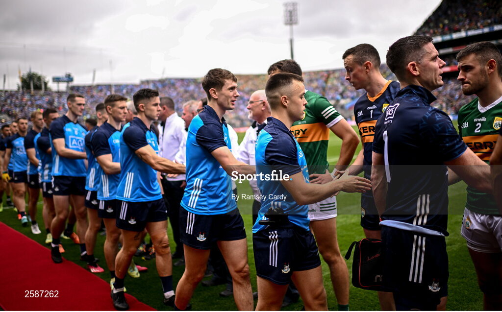 30 July 2023; The Dublin and Kerry teams shake hands before the GAA Football All-Ireland Senior Championship final match between Dublin and Kerry at Croke Park in Dublin. Photo by Ramsey Cardy/Sportsfile