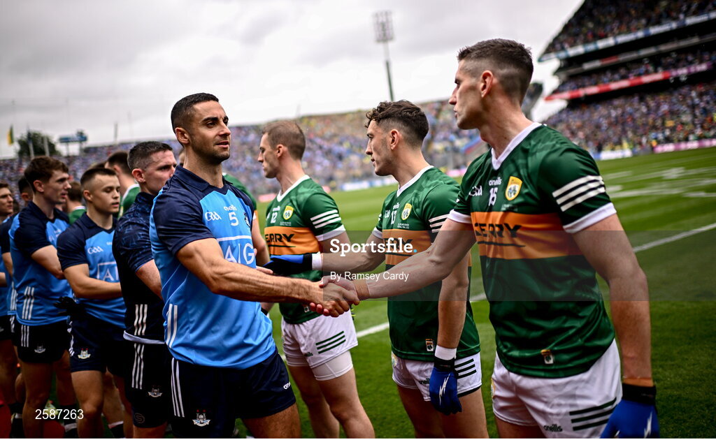 30 July 2023; James McCarthy of Dublin and Paul Geaney of Kerry shake hands before the GAA Football All-Ireland Senior Championship final match between Dublin and Kerry at Croke Park in Dublin. Photo by Ramsey Cardy/Sportsfile