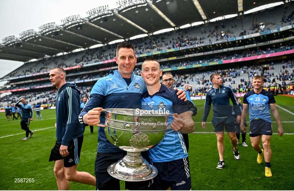 30 July 2023; Dublin selector Brian O'Regan and Con O'Callaghan of Dublin, with the Sam Maguire Cup after the GAA Football All-Ireland Senior Championship final match between Dublin and Kerry at Croke Park in Dublin. Photo by Ramsey Cardy/Sportsfile
