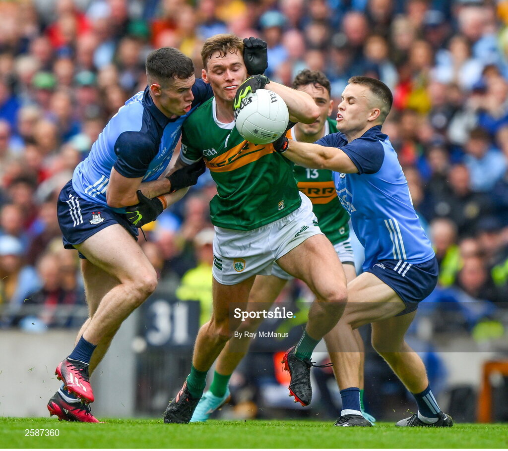 30 July 2023; Gavin White of Kerry is tackled by Lee Gannon and Eoin Murchan of Dublin during the GAA Football All-Ireland Senior Championship final match between Dublin and Kerry at Croke Park in Dublin. Photo by Ray McManus/Sportsfile
