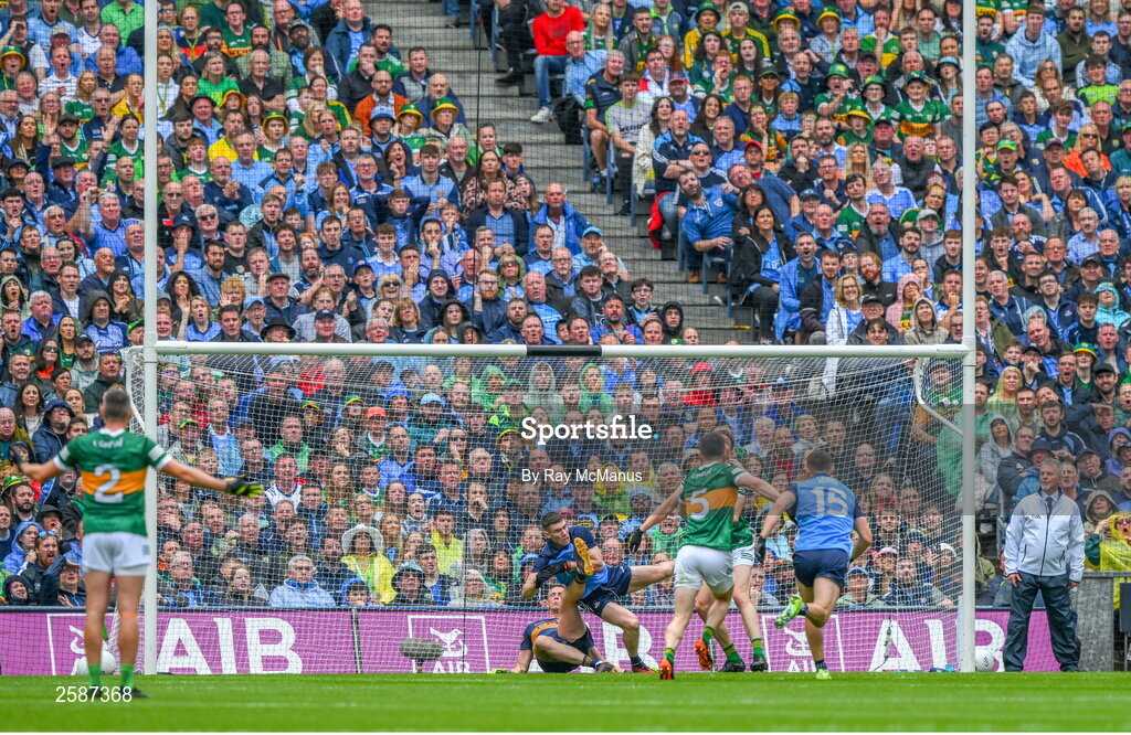 30 July 2023; Kerry goalkeeper Shane Ryan and Lee Gannon of Dublin collide during the GAA Football All-Ireland Senior Championship final match between Dublin and Kerry at Croke Park in Dublin. Photo by Ray McManus/Sportsfile
