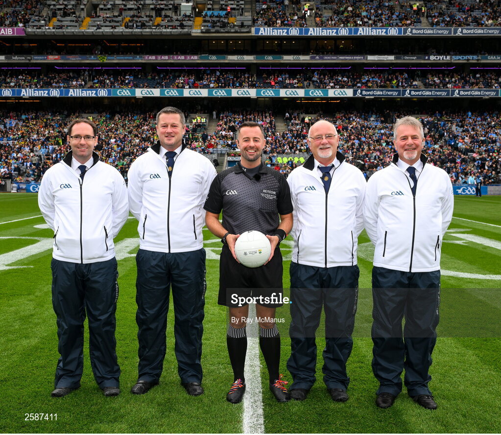 30 July 2023; Referee David Gough with his umpires, Dean, Eugene, Stephen and Terry Gough, before the GAA Football All-Ireland Senior Championship final match between Dublin and Kerry at Croke Park in Dublin. Photo by Ray McManus/Sportsfile