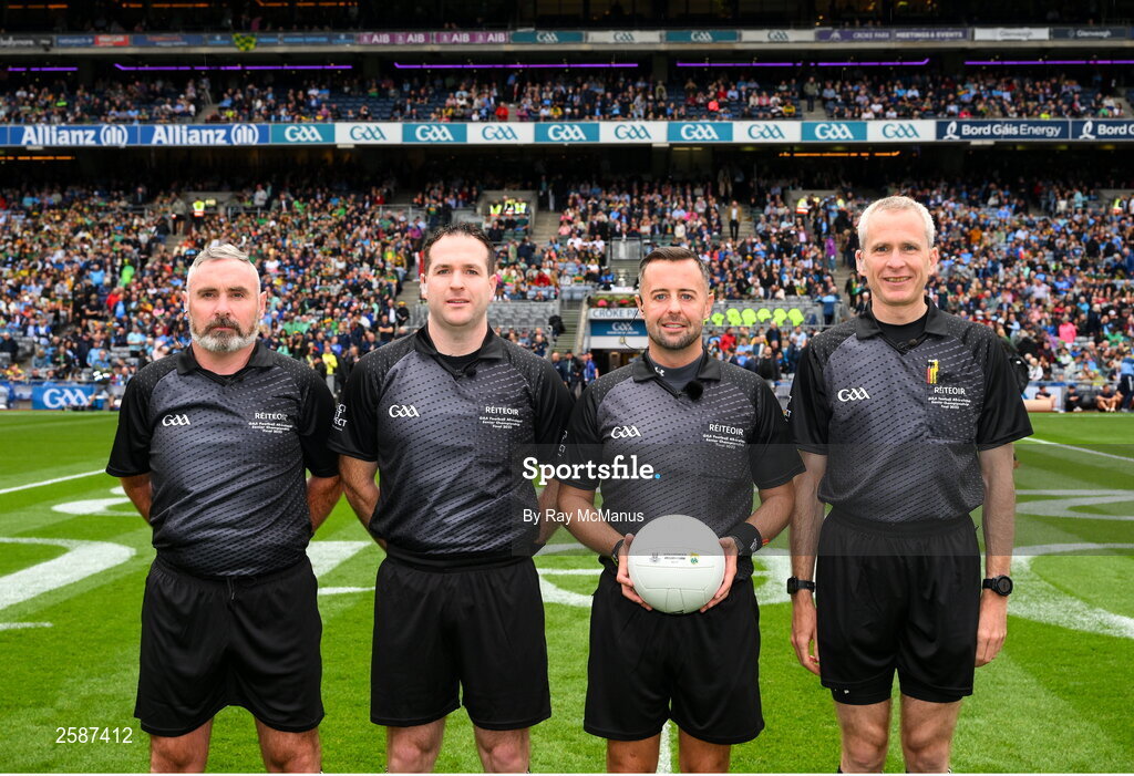 30 July 2023; Referee David Gough with his officials, linesman James Molloy, left, standby referee Martin McNally, and sideline official Fergal Kelly, right, before the GAA Football All-Ireland Senior Championship final match between Dublin and Kerry at Croke Park in Dublin. Photo by Ray McManus/Sportsfile
