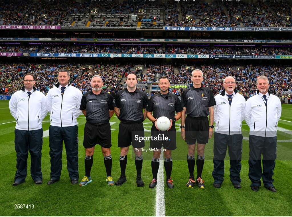 30 July 2023; Referee David Gough with his umpires, Dean, Eugene, Stephen and Terry Gough, and officials officials, linesman James Molloy, standby referee Martin McNally, and sideline official Fergal Kelly, before before the GAA Football All-Ireland Senior Championship final match between Dublin and Kerry at Croke Park in Dublin. Photo by Ray McManus/Sportsfile