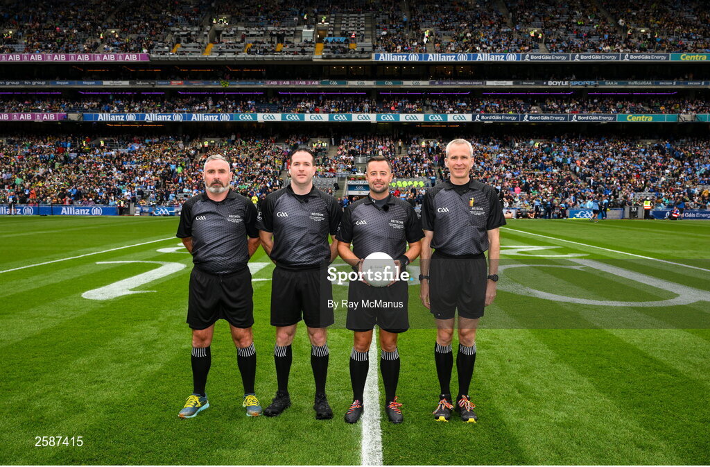 30 July 2023; Referee David Gough with his officials, linesman James Molloy, left, standby referee Martin McNally, and sideline official Fergal Kelly, right, before the GAA Football All-Ireland Senior Championship final match between Dublin and Kerry at Croke Park in Dublin. Photo by Ray McManus/Sportsfile