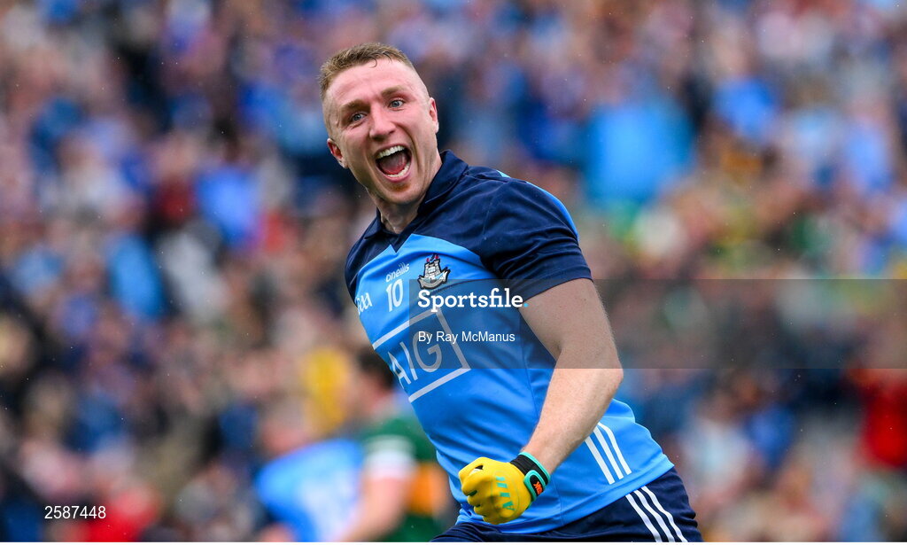 30 July 2023; Paddy Small of Dublin celebrates his 46th minute goal during the GAA Football All-Ireland Senior Championship final match between Dublin and Kerry at Croke Park in Dublin. Photo by Ray McManus/Sportsfile