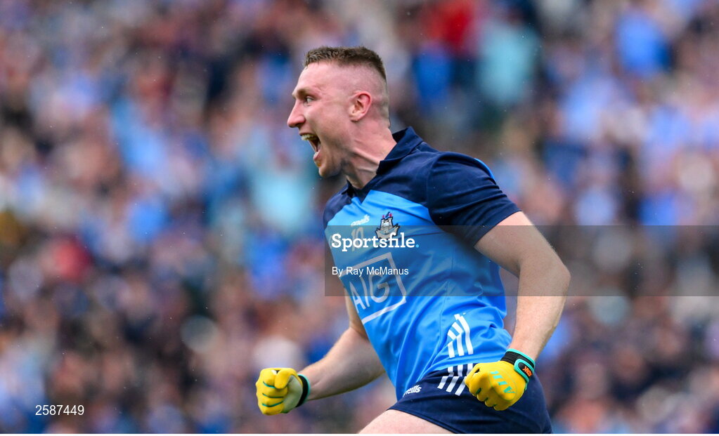 30 July 2023; Paddy Small of Dublin celebrates his 46th minute goal during the GAA Football All-Ireland Senior Championship final match between Dublin and Kerry at Croke Park in Dublin. Photo by Ray McManus/Sportsfile