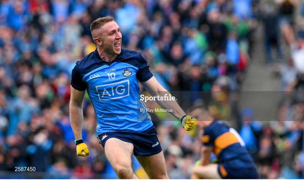 30 July 2023; Paddy Small of Dublin celebrates his 46th minute goal during the GAA Football All-Ireland Senior Championship final match between Dublin and Kerry at Croke Park in Dublin. Photo by Ray McManus/Sportsfile