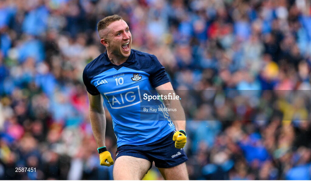 30 July 2023; Paddy Small of Dublin celebrates his 46th minute goal during the GAA Football All-Ireland Senior Championship final match between Dublin and Kerry at Croke Park in Dublin. Photo by Ray McManus/Sportsfile