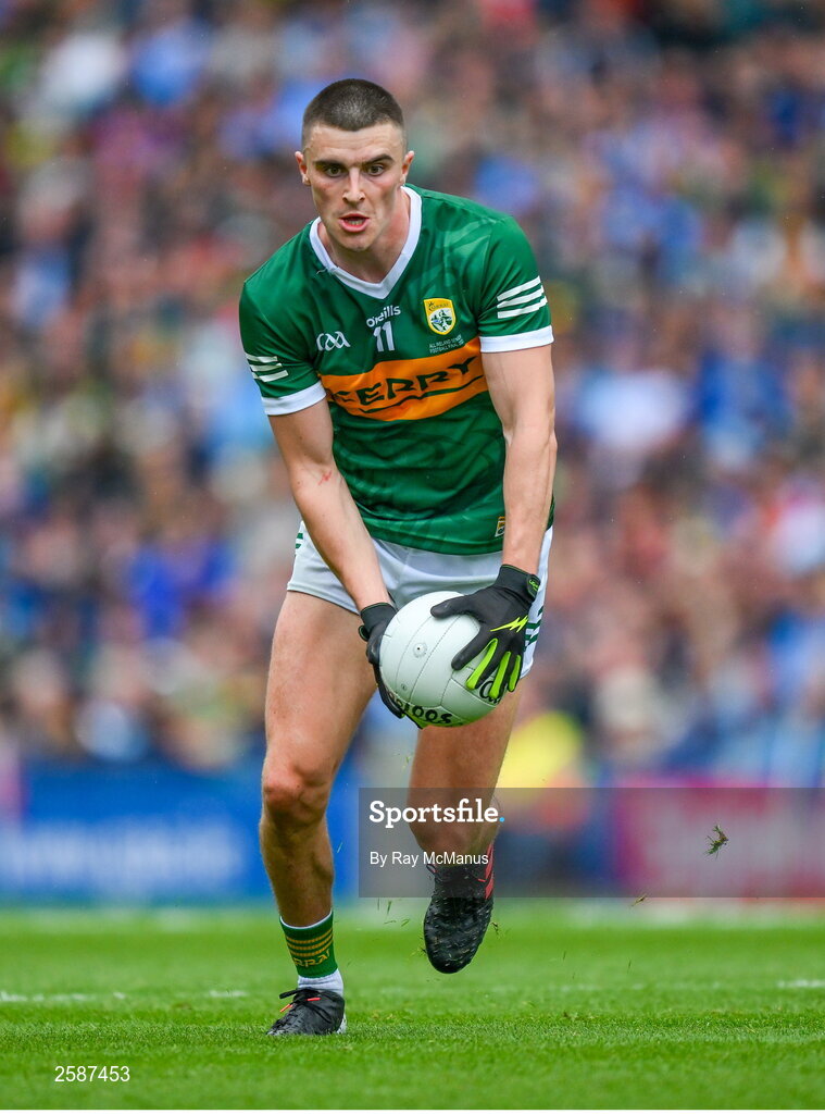 30 July 2023; Sean O'Shea of Kerry during the GAA Football All-Ireland Senior Championship final match between Dublin and Kerry at Croke Park in Dublin. Photo by Ray McManus/Sportsfile