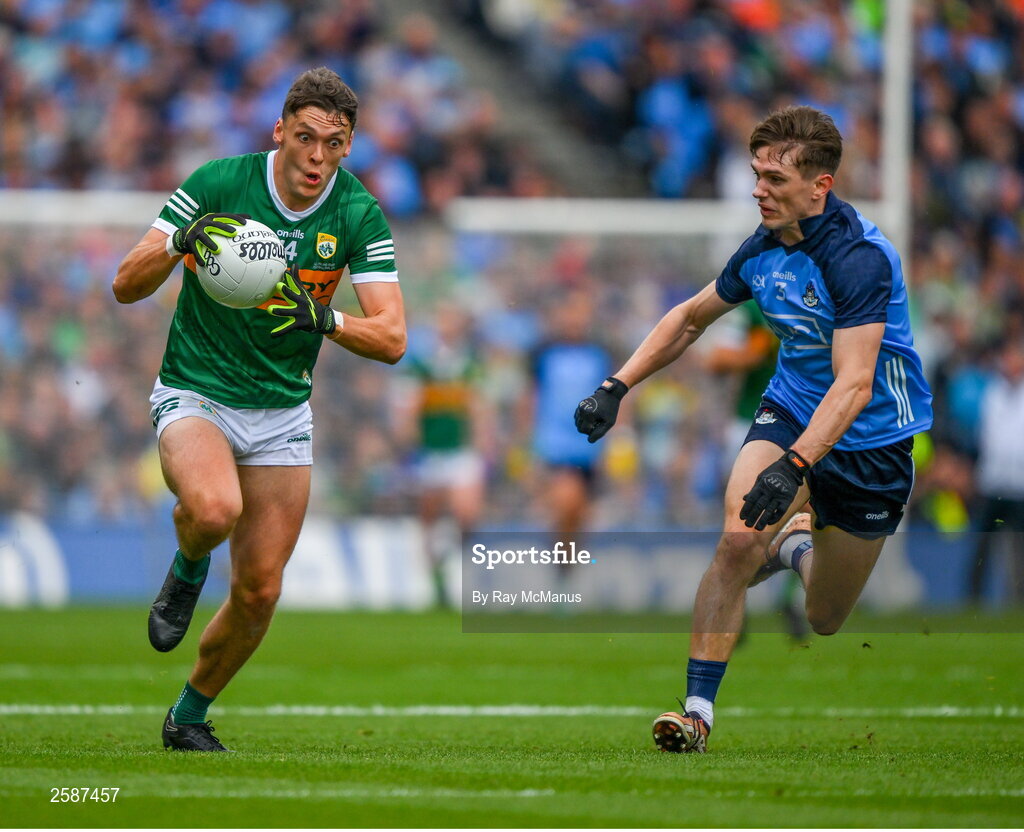 30 July 2023; David Clifford of Kerry in action against Michael Fitzsimons of Dublin during the GAA Football All-Ireland Senior Championship final match between Dublin and Kerry at Croke Park in Dublin. Photo by Ray McManus/Sportsfile