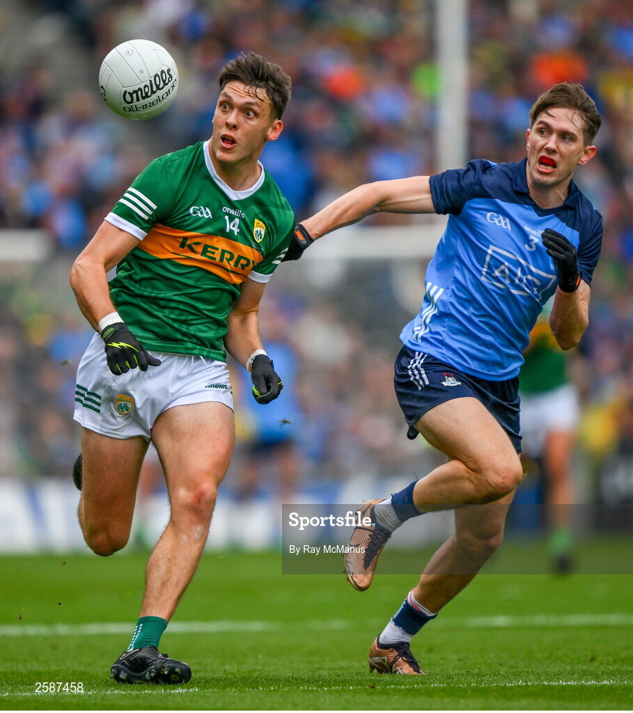 30 July 2023; David Clifford of Kerry in action against Michael Fitzsimons of Dublin during the GAA Football All-Ireland Senior Championship final match between Dublin and Kerry at Croke Park in Dublin. Photo by Ray McManus/Sportsfile