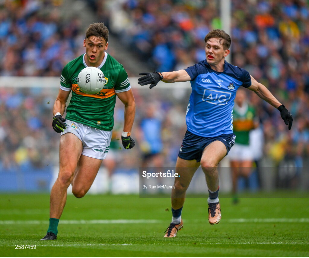 30 July 2023; David Clifford of Kerry in action against Michael Fitzsimons of Dublin during the GAA Football All-Ireland Senior Championship final match between Dublin and Kerry at Croke Park in Dublin. Photo by Ray McManus/Sportsfile