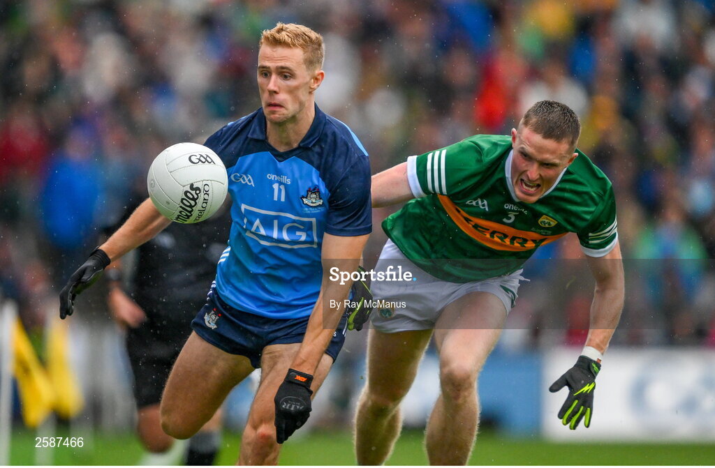 30 July 2023; Paul Mannion of Dublin is tackled by Tom O'Sullivan of Kerry during the GAA Football All-Ireland Senior Championship final match between Dublin and Kerry at Croke Park in Dublin. Photo by Ray McManus/Sportsfile