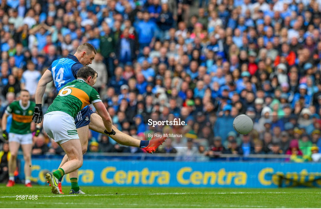 30 July 2023; Con O'Callaghan of Dublin fires a shot past Tadhg Morley of Kerry, only to hit the bar, during the GAA Football All-Ireland Senior Championship final match between Dublin and Kerry at Croke Park in Dublin. Photo by Ray McManus/Sportsfile