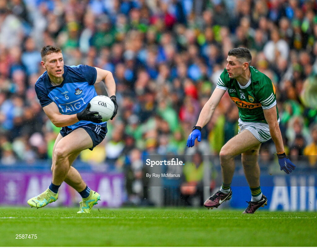 30 July 2023; John Small of Dublin in action against Paul Geaney of Kerry during the GAA Football All-Ireland Senior Championship final match between Dublin and Kerry at Croke Park in Dublin. Photo by Ray McManus/Sportsfile