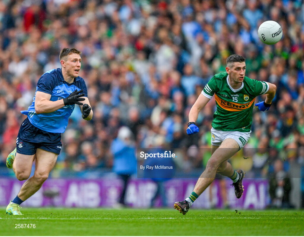 30 July 2023; John Small of Dublin in action against Paul Geaney of Kerry during the GAA Football All-Ireland Senior Championship final match between Dublin and Kerry at Croke Park in Dublin. Photo by Ray McManus/Sportsfile