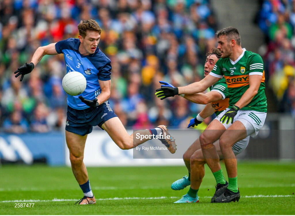 30 July 2023; Michael Fitzsimons of Dublin in action against Paudie Clifford and Graham O'Sullivan of Kerry, 2,  during the GAA Football All-Ireland Senior Championship final match between Dublin and Kerry at Croke Park in Dublin. Photo by Ray McManus/Sportsfile