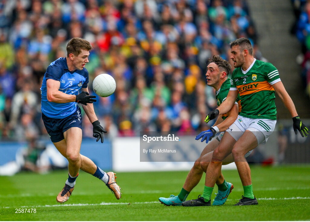 30 July 2023; Michael Fitzsimons of Dublin in action against Paudie Clifford and Graham O'Sullivan of Kerry, 2,  during the GAA Football All-Ireland Senior Championship final match between Dublin and Kerry at Croke Park in Dublin. Photo by Ray McManus/Sportsfile