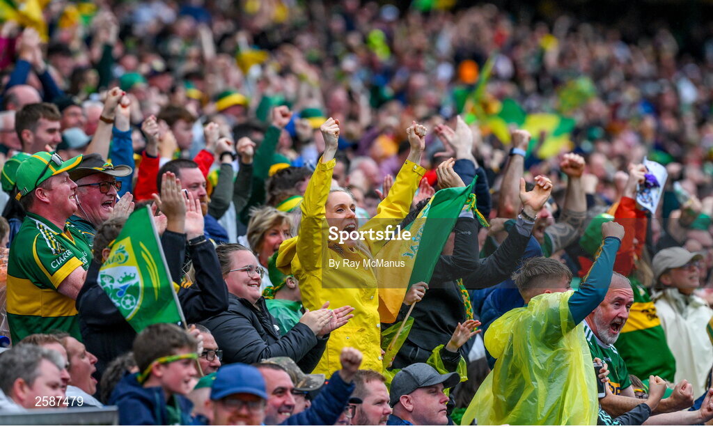 30 July 2023; Kerry supporters, in the Cusack Stand, celebrate after Diarmuid O'Connor had scored a goal during the GAA Football All-Ireland Senior Championship final match between Dublin and Kerry at Croke Park in Dublin. Photo by Ray McManus/Sportsfile