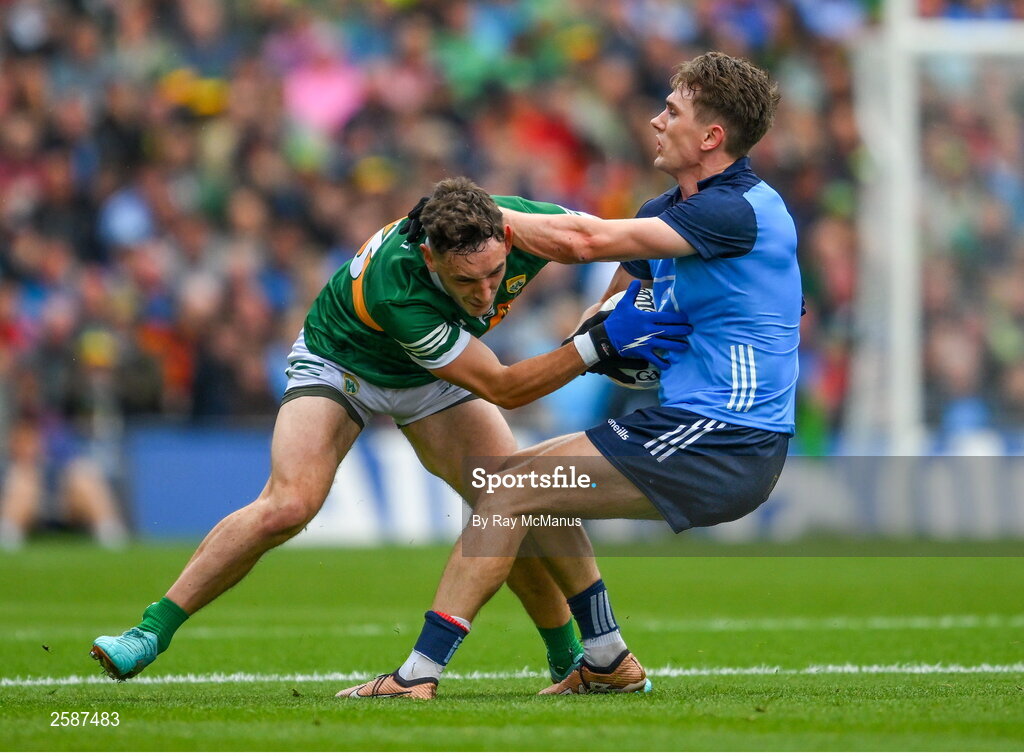 30 July 2023; Michael Fitzsimons of Dublin is tackled by Paudie Clifford of Kerry during the GAA Football All-Ireland Senior Championship final match between Dublin and Kerry at Croke Park in Dublin. Photo by Ray McManus/Sportsfile