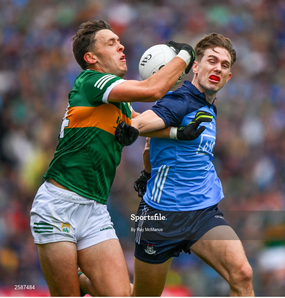 30 July 2023; David Clifford of Kerry is tackled by Michael Fitzsimons of Dublin during the GAA Football All-Ireland Senior Championship final match between Dublin and Kerry at Croke Park in Dublin. Photo by Ray McManus/Sportsfile
