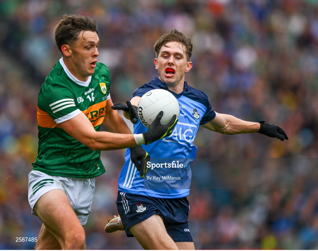 30 July 2023; David Clifford of Kerry is tackled by Michael Fitzsimons of Dublin during the GAA Football All-Ireland Senior Championship final match between Dublin and Kerry at Croke Park in Dublin. Photo by Ray McManus/Sportsfile