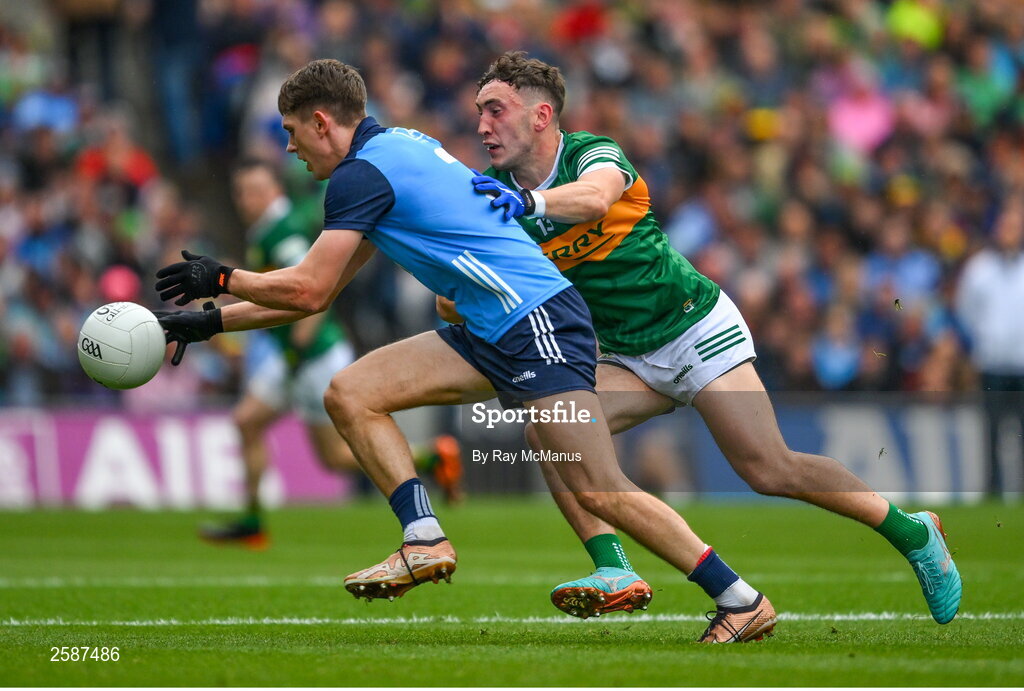 30 July 2023; Michael Fitzsimons of Dublin is tackled by Paudie Clifford of Kerry during the GAA Football All-Ireland Senior Championship final match between Dublin and Kerry at Croke Park in Dublin. Photo by Ray McManus/Sportsfile