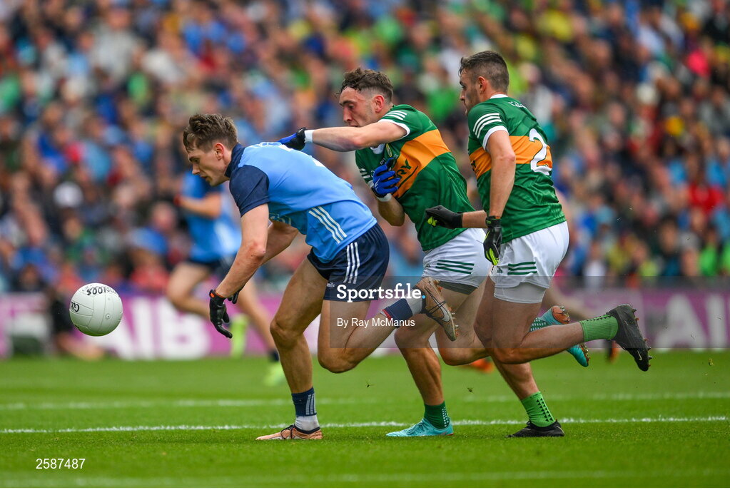 30 July 2023; Michael Fitzsimons of Dublin in action against Paudie Clifford and Graham O'Sullivan of Kerry, 2,  during the GAA Football All-Ireland Senior Championship final match between Dublin and Kerry at Croke Park in Dublin. Photo by Ray McManus/Sportsfile