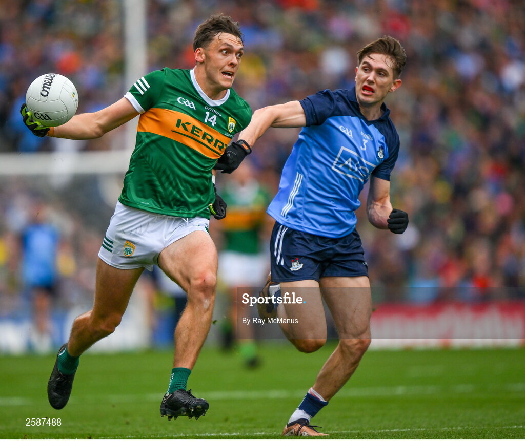 30 July 2023; David Clifford of Kerry is tackled by Michael Fitzsimons of Dublin during the GAA Football All-Ireland Senior Championship final match between Dublin and Kerry at Croke Park in Dublin. Photo by Ray McManus/Sportsfile