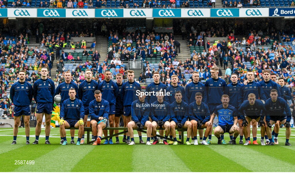 30 July 2023; Dublin players stand for a team picture before the GAA Football All-Ireland Senior Championship final match between Dublin and Kerry at Croke Park in Dublin. Photo by Eóin Noonan/Sportsfile