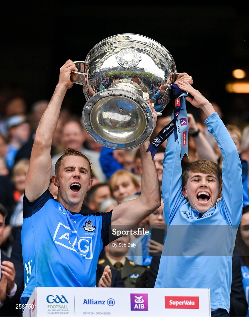 30 July 2023; Paul Mannion of Dublin, and Oisin Deehan, lift the Sam Maguire Cup after the GAA Football All-Ireland Senior Championship final match between Dublin and Kerry at Croke Park in Dublin. Photo by Seb Daly/Sportsfile