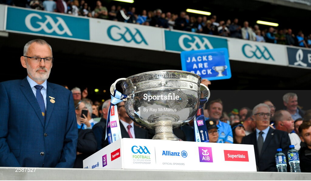 30 July 2023; The Sam Maguire Cups on the plint before being presented, by GAA Presidend Larry McCarthy to the winning captain, after the GAA Football All-Ireland Senior Championship final match between Dublin and Kerry at Croke Park in Dublin. Photo by Ray McManus/Sportsfile