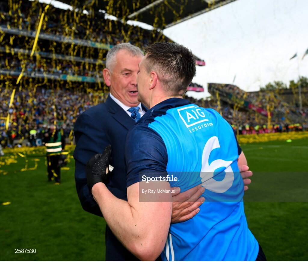 30 July 2023; Dublin GAA Chief Executive Officer John Costello celebrates with John Small after the GAA Football All-Ireland Senior Championship final match between Dublin and Kerry at Croke Park in Dublin. Photo by Ray McManus/Sportsfile