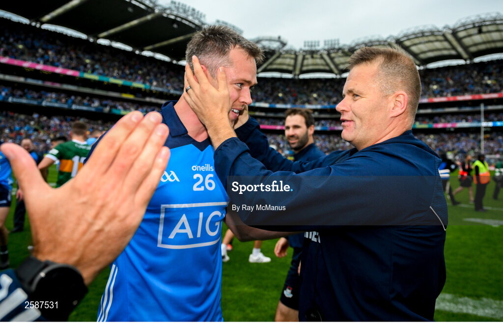 30 July 2023; Dublin manager Dessie Farrell with Dean Rock after the GAA Football All-Ireland Senior Championship final match between Dublin and Kerry at Croke Park in Dublin. Photo by Ray McManus/Sportsfile