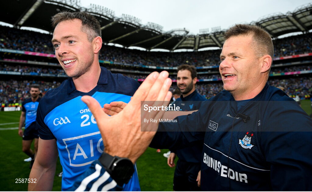 30 July 2023; Dublin manager Dessie Farrell with Dean Rock after the GAA Football All-Ireland Senior Championship final match between Dublin and Kerry at Croke Park in Dublin. Photo by Ray McManus/Sportsfile