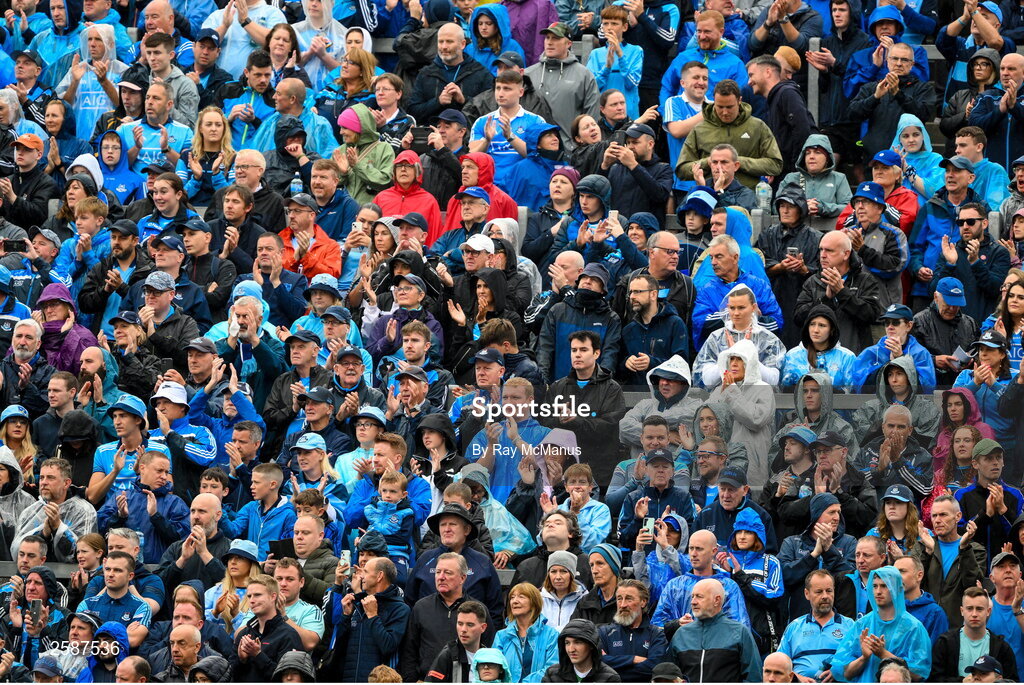 30 July 2023; Dublin supporters, on Hill 16, applaud the career of Sinéad O'Connor, during a tribute to her before the GAA Football All-Ireland Senior Championship final match between Dublin and Kerry at Croke Park in Dublin. Photo by Ray McManus/Sportsfile