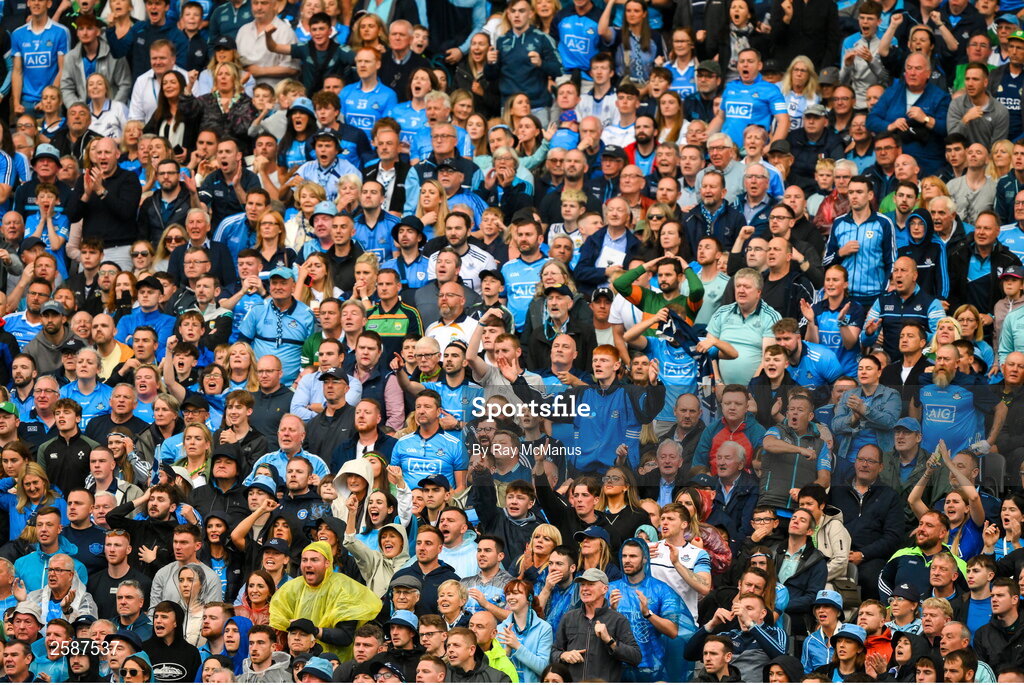 30 July 2023; Dublin and Kerry supporters, in the Hogan Stand,  during the GAA Football All-Ireland Senior Championship final match between Dublin and Kerry at Croke Park in Dublin. Photo by Ray McManus/Sportsfile