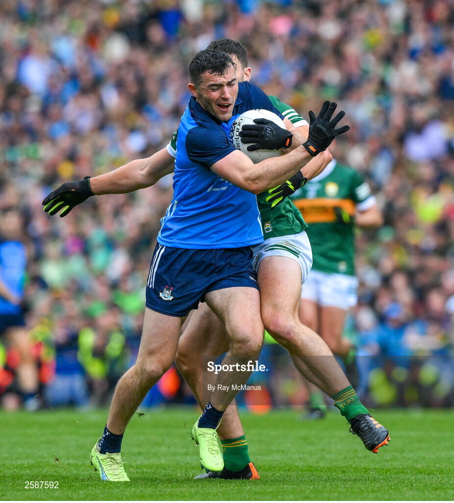 30 July 2023; Colm Basquel of Dublin is tackled by Mike Breen of Kerry late in the GAA Football All-Ireland Senior Championship final match between Dublin and Kerry at Croke Park in Dublin. Photo by Ray McManus/Sportsfile