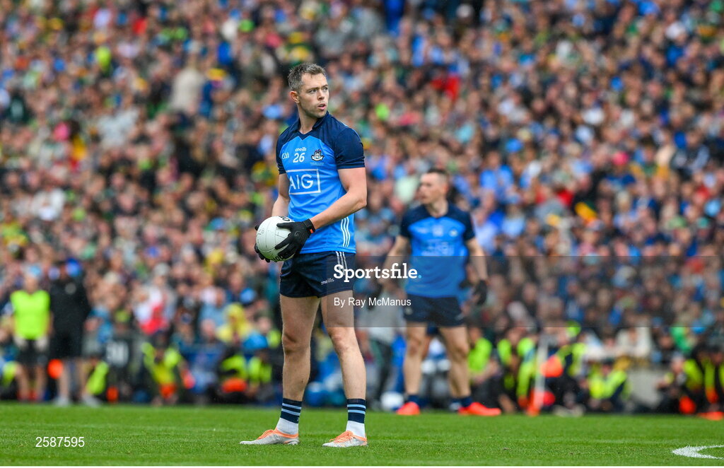 30 July 2023; Dean Rock of Dublin prepares to take a late free, which he converted to leave a two point lead, during the GAA Football All-Ireland Senior Championship final match between Dublin and Kerry at Croke Park in Dublin. Photo by Ray McManus/Sportsfile