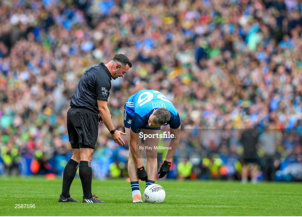 30 July 2023; Referee David Gough speaks to Dean Rock of Dublin before he takes a late free during the GAA Football All-Ireland Senior Championship final match between Dublin and Kerry at Croke Park in Dublin. Photo by Ray McManus/Sportsfile