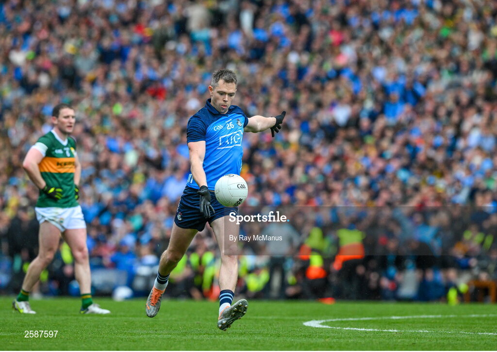 30 July 2023; Dean Rock of Dublin kicks a late free, which he converted to leave a two point lead, during the GAA Football All-Ireland Senior Championship final match between Dublin and Kerry at Croke Park in Dublin. Photo by Ray McManus/Sportsfile