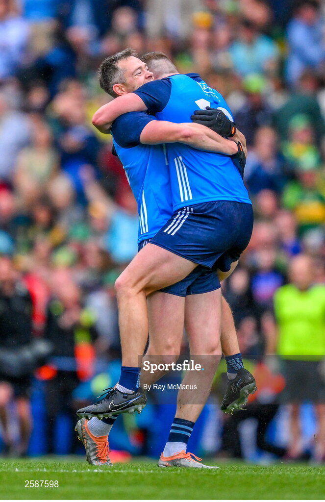 30 July 2023; Dublin players Dean Rock and Ciaran Kilkenny  begin the celebrations after the final whistle of the GAA Football All-Ireland Senior Championship final match between Dublin and Kerry at Croke Park in Dublin. Photo by Ray McManus/Sportsfile