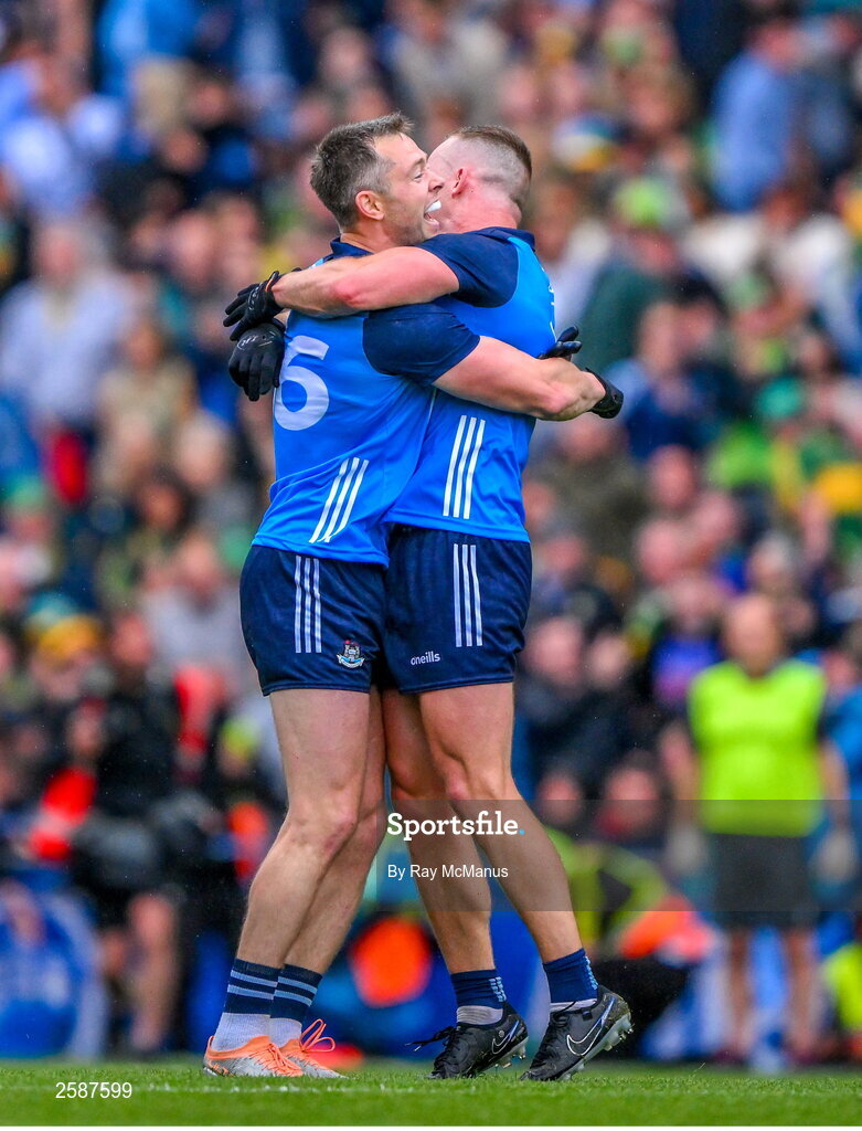 30 July 2023; Dublin players Dean Rock and Ciaran Kilkenny  begin the celebrations after the final whistle of the GAA Football All-Ireland Senior Championship final match between Dublin and Kerry at Croke Park in Dublin. Photo by Ray McManus/Sportsfile
