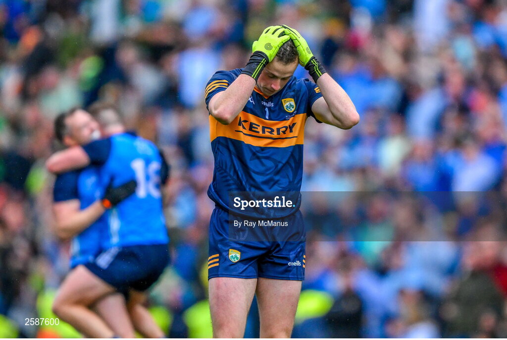 30 July 2023; Dublin players begin the celebrations and Kerry goalkeeper Shane Ryan reacts to the final whistle of the GAA Football All-Ireland Senior Championship final match between Dublin and Kerry at Croke Park in Dublin. Photo by Ray McManus/Sportsfile