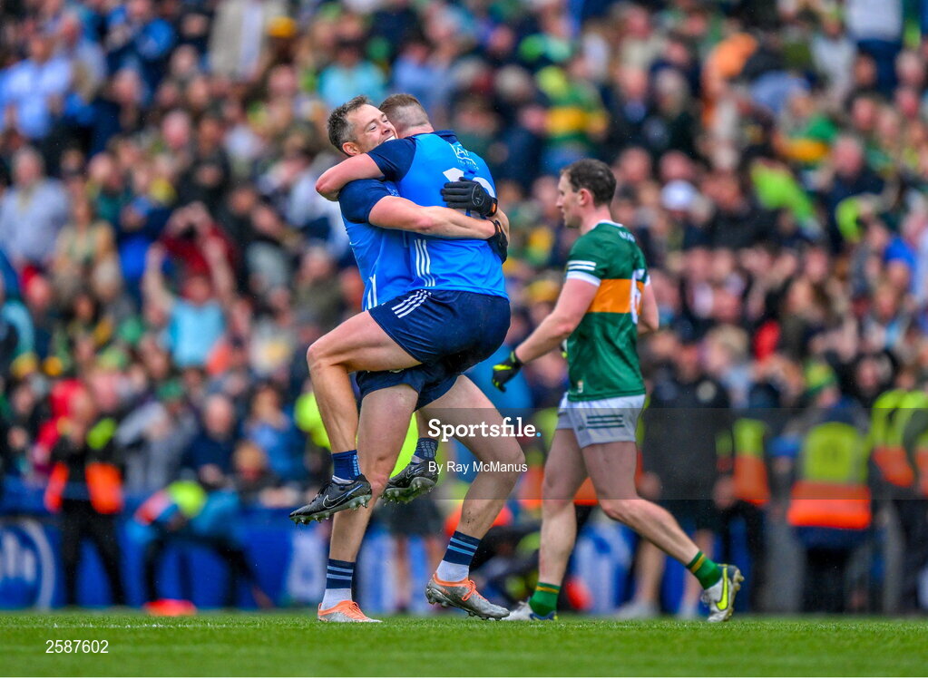 30 July 2023; Dublin players Dean Rock and Ciaran Kilkenny  begin the celebrations after the final whistle of the GAA Football All-Ireland Senior Championship final match between Dublin and Kerry at Croke Park in Dublin. Photo by Ray McManus/Sportsfile