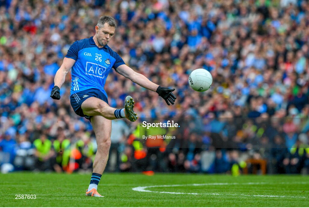 30 July 2023; Dean Rock of Dublin kicks a late free, which he converted to leave a two point lead, during the GAA Football All-Ireland Senior Championship final match between Dublin and Kerry at Croke Park in Dublin. Photo by Ray McManus/Sportsfile