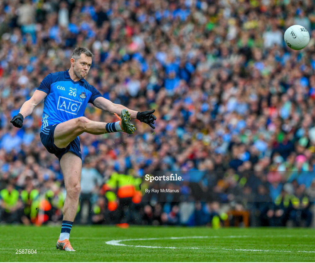 30 July 2023; Dean Rock of Dublin kicks a late free, which he converted to leave a two point lead, during the GAA Football All-Ireland Senior Championship final match between Dublin and Kerry at Croke Park in Dublin. Photo by Ray McManus/Sportsfile