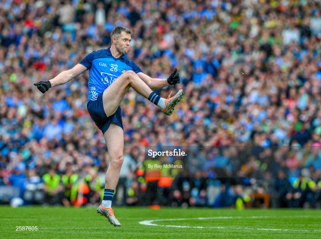 30 July 2023; Dean Rock of Dublin after kicking a late free, which he converted to leave a two point lead, during the GAA Football All-Ireland Senior Championship final match between Dublin and Kerry at Croke Park in Dublin. Photo by Ray McManus/Sportsfile